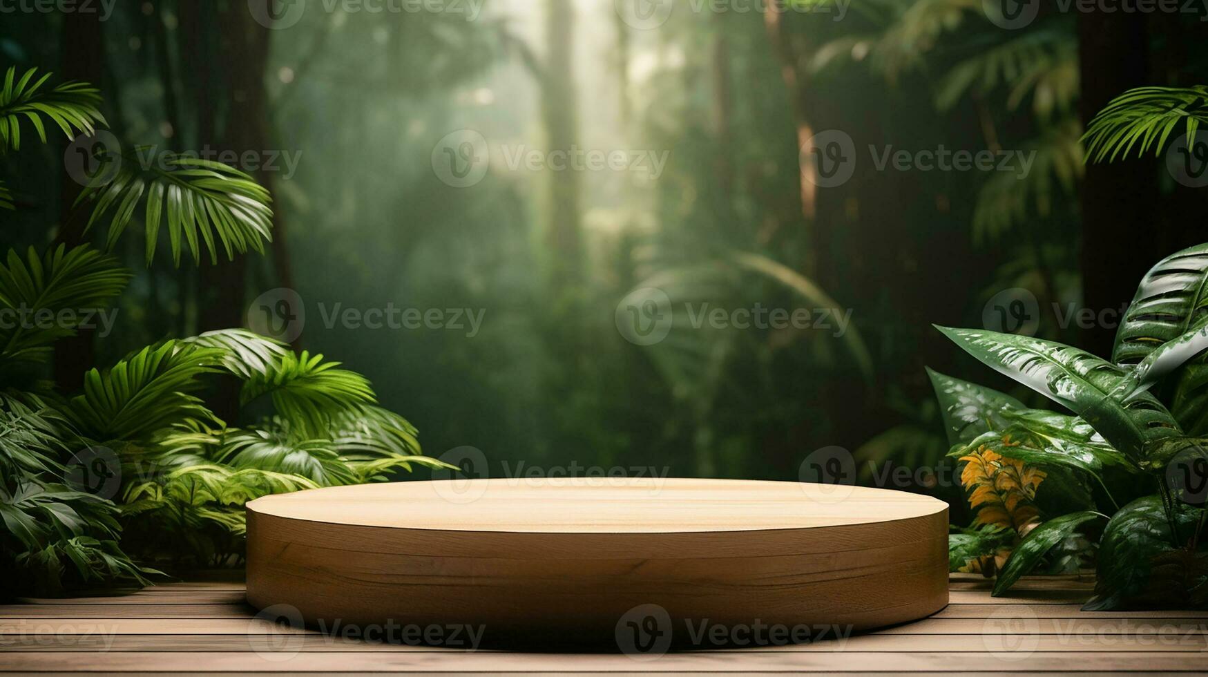 AI generated wooden podium product display in jungle or stage product showcase mock up Minimal scene for product display presentation photo
