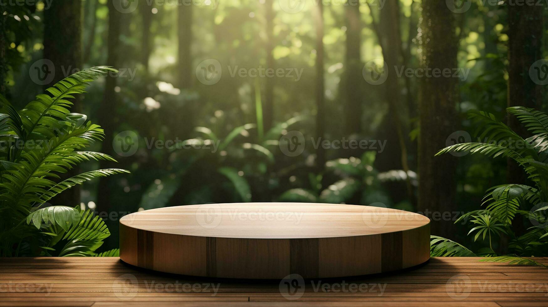 AI generated wooden podium product display in jungle or stage product showcase mock up Minimal scene for product display presentation photo