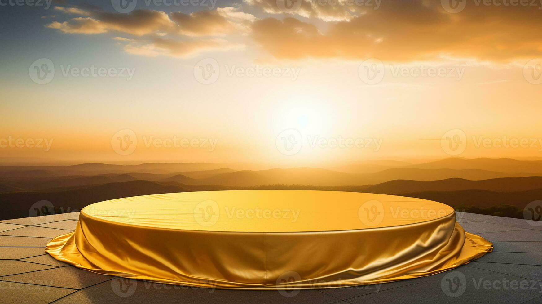 AI generated podium covered with golden cloth cylinder pedestal product display background 3d illustration empty photo
