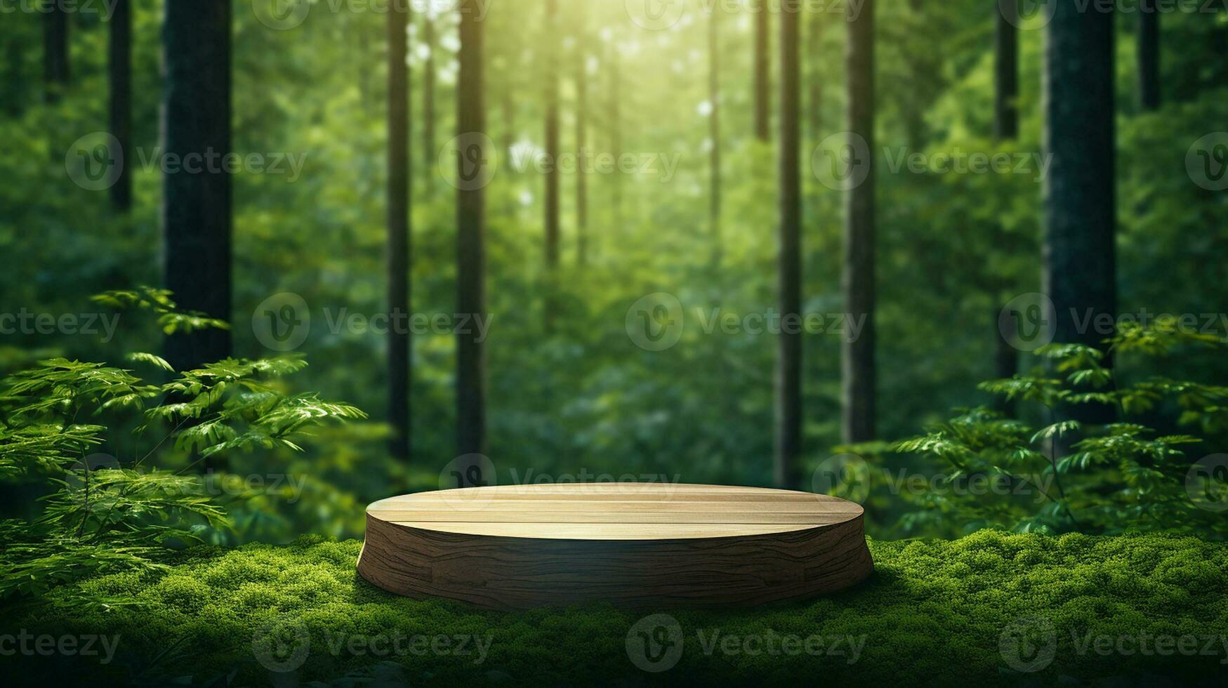 AI generated wooden podium product display in jungle or stage product showcase mock up Minimal scene for product display presentation photo