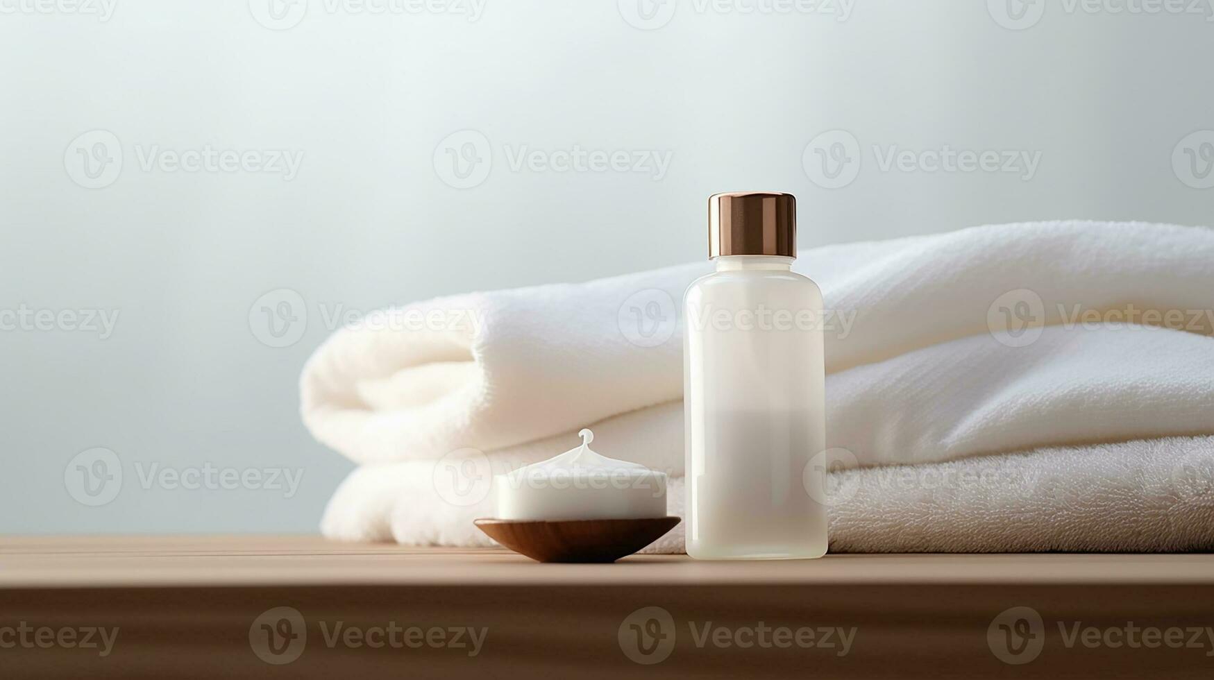 AI generated Beautiful spa and cosmetics products composition on wooden table Natural cosmetic products presentation Beauty, wellness, body care spa concept. photo