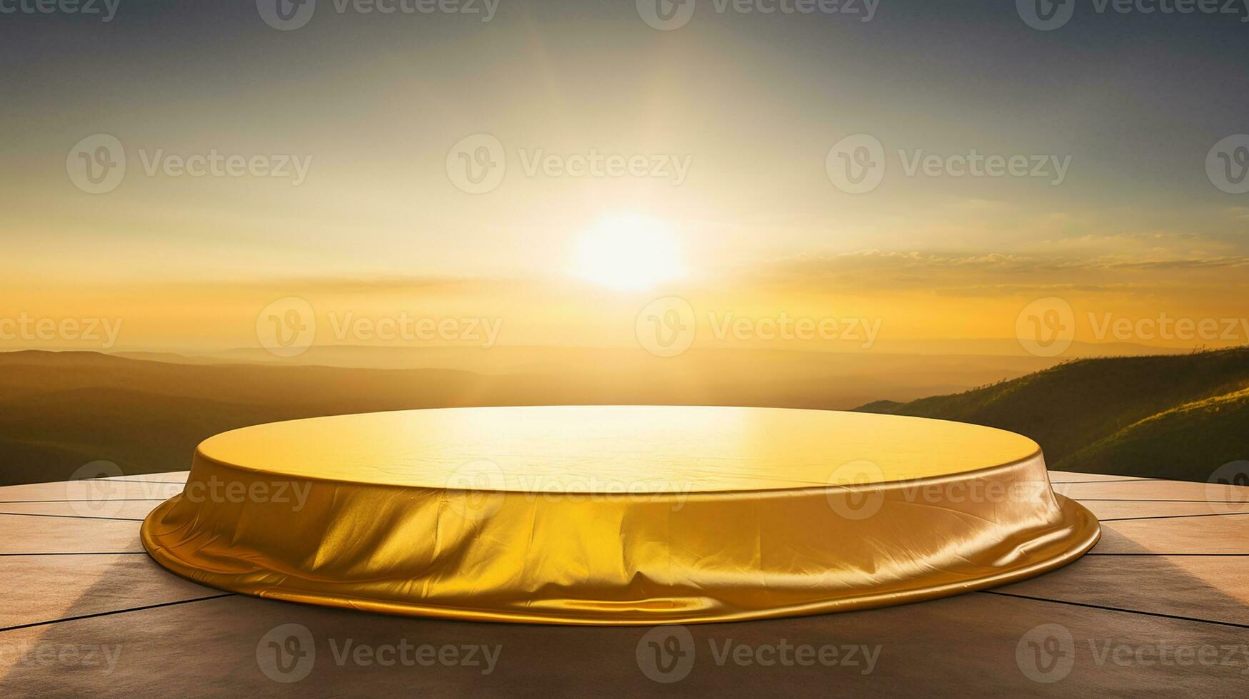 AI generated podium covered with golden cloth cylinder pedestal product display background 3d illustration empty photo