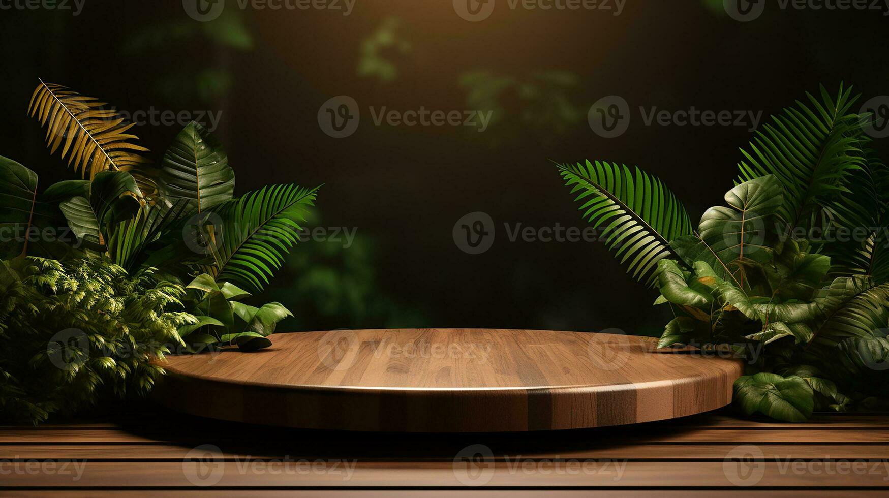AI generated wooden podium product display in jungle or stage product showcase mock up Minimal scene for product display presentation photo