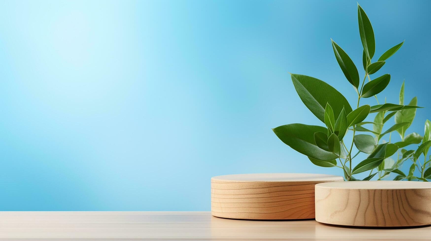 AI generated 3d rendered blue empty display podium with leaves Minimal scene for product display presentation photo