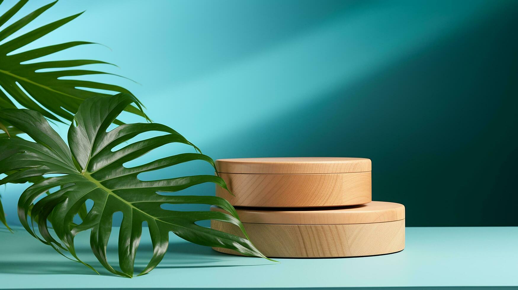 AI generated 3d rendered blue empty display podium with leaves Minimal scene for product display presentation photo