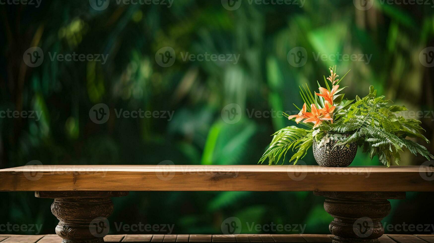 AI generated wooden podium product display in jungle or stage product showcase mock up Minimal scene for product display presentation photo