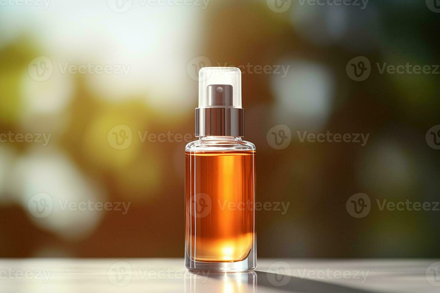 AI generated Amber glass cosmetic dropper bottle with black lid on a natural blurred background . Skincare products , natural cosmetic. Beauty wellbeing product for face and body care photo
