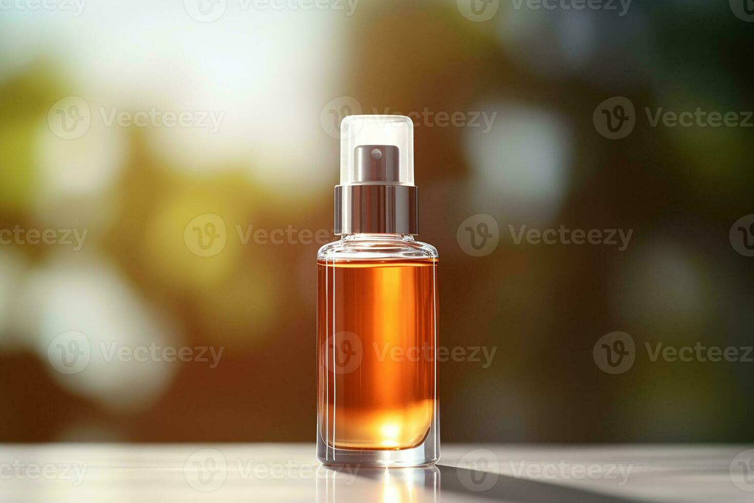 ai generado ámbar vaso cosmético cuentagotas botella con negro tapa en un natural borroso antecedentes . protección de la piel productos , natural cosmético. belleza bienestar producto para cara y cuerpo cuidado foto