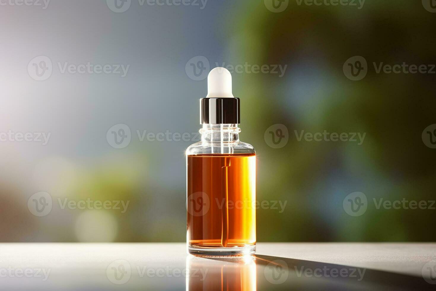 AI generated Amber glass cosmetic dropper bottle with black lid on a natural blurred background . Skincare products , natural cosmetic. Beauty wellbeing product for face and body care photo