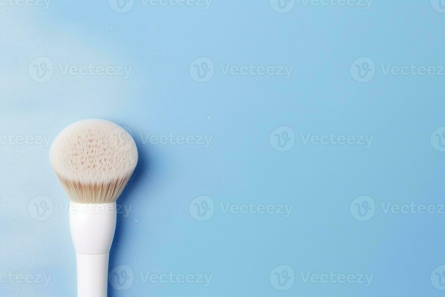 AI generated Beauty levitation concept with makeup brush on blue background, top view, flat lay, vertical photo