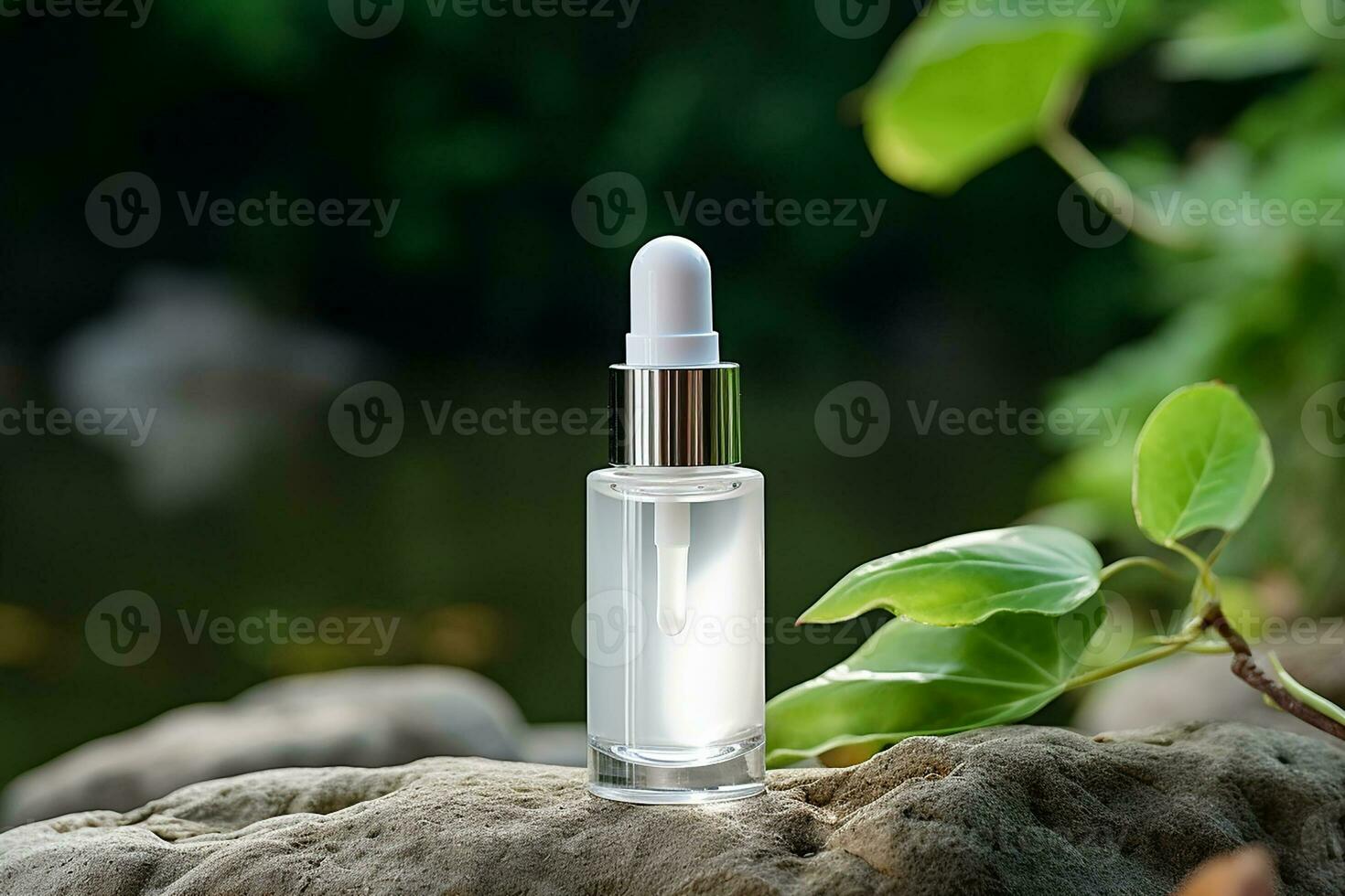AI generated essential oil bottle mock up template, podium and celandine flowers backdrop for Natural cosmetic products presentation Beauty, wellness, body care spa concept. photo