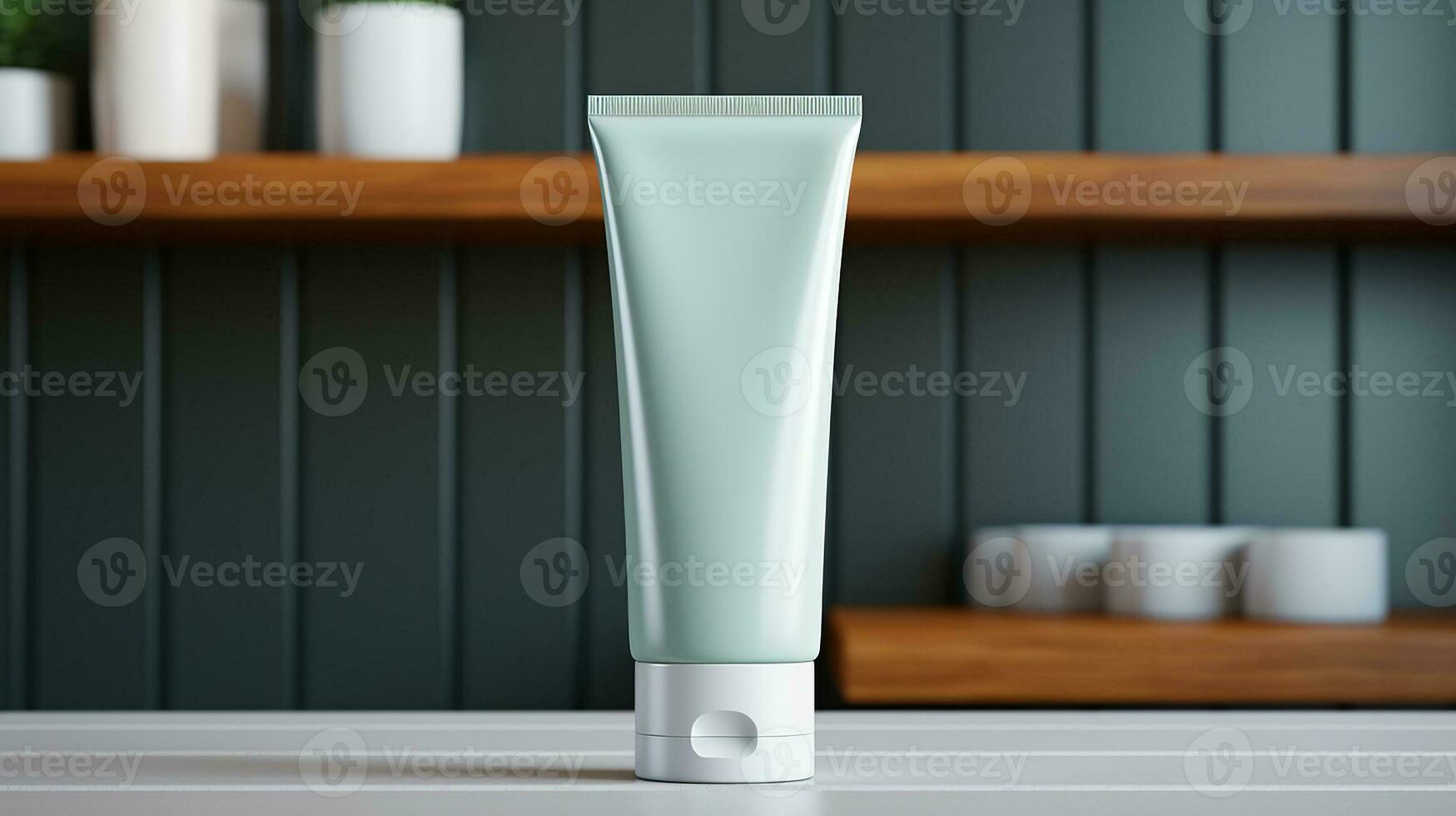 AI generated White facewash tube in bathroom room interior mock-up, beauty and care product packaging template photo