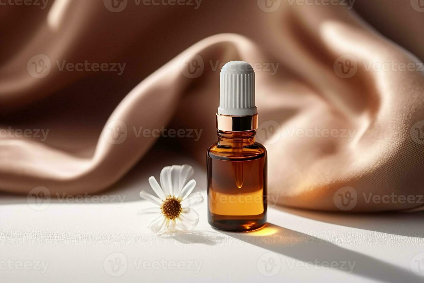 AI generated Amber glass cosmetic dropper bottle with black lid on a natural background with shadows and chamomile flowers. Skincare products photo
