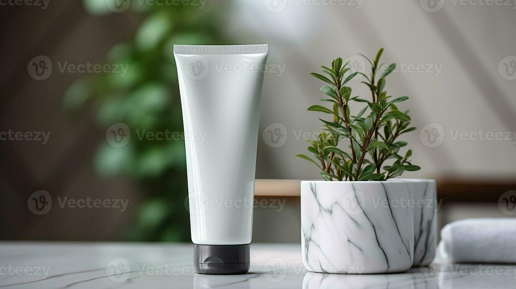 AI generated White facewash tube in bathroom room interior mock-up, beauty and care product packaging template photo