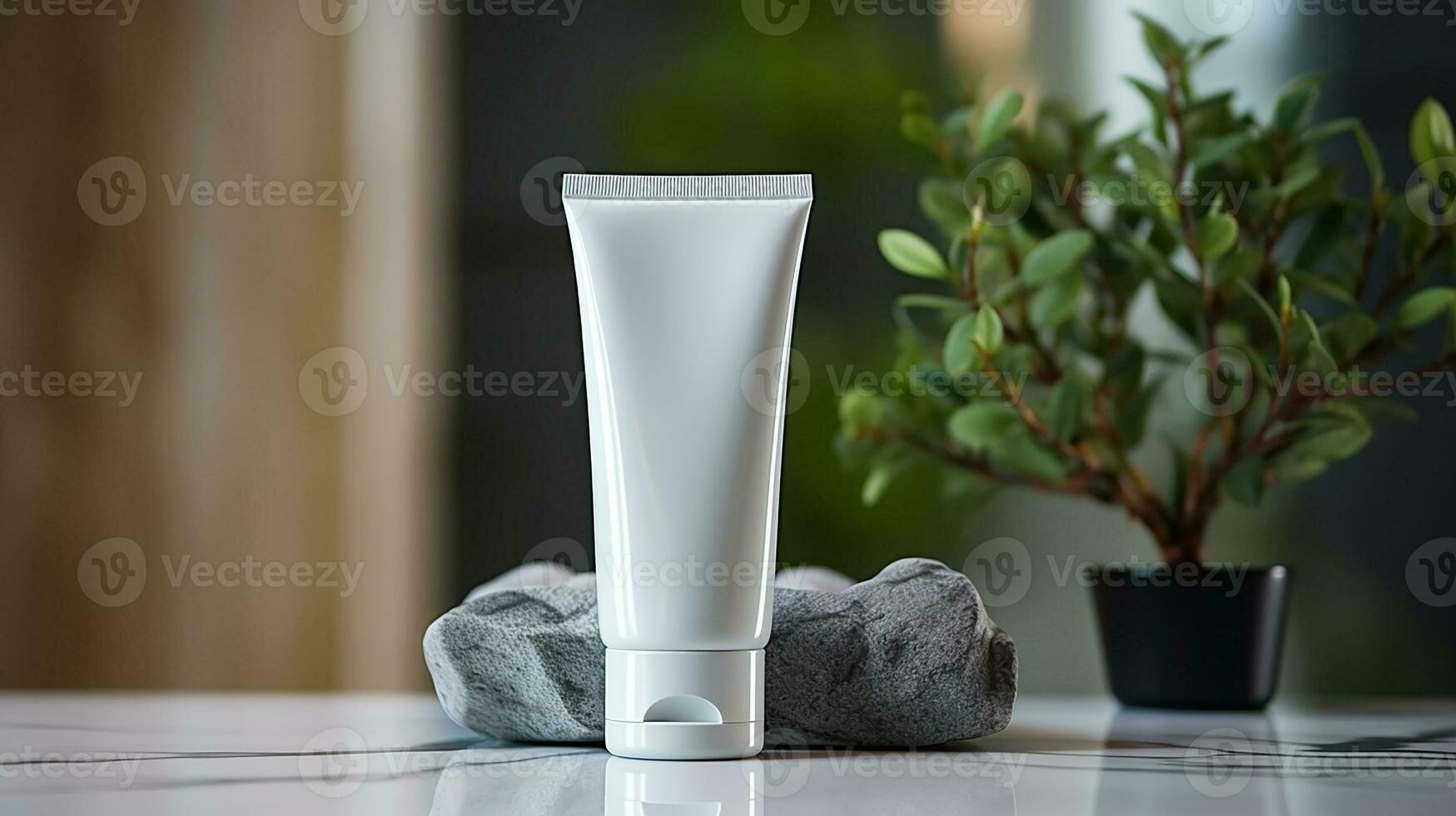 AI generated White facewash tube in bathroom room interior mock-up, beauty and care product packaging template photo