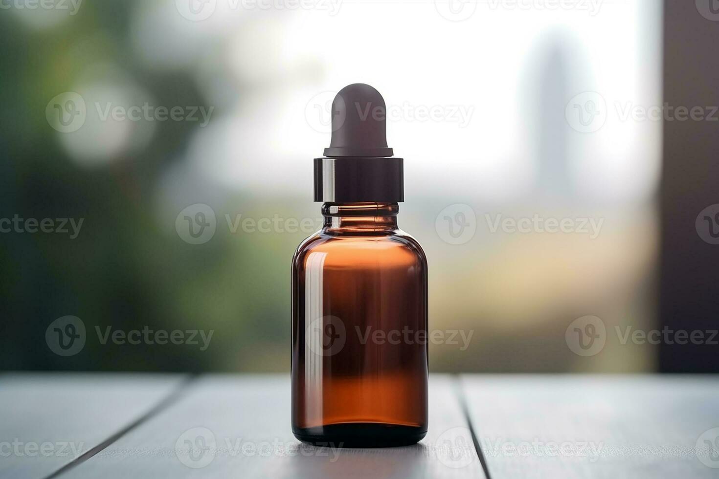 AI generated Amber glass cosmetic dropper bottle with black lid on a natural blurred background . Skincare products , natural cosmetic. Beauty wellbeing product for face and body care photo