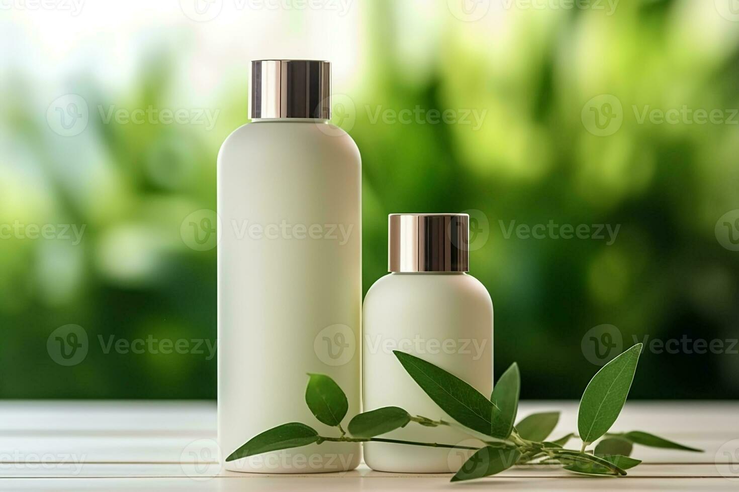 AI generated Bottles of oil and leaves on table against blurred background Natural cosmetic products presentation Beauty, wellness, body care spa concept. photo