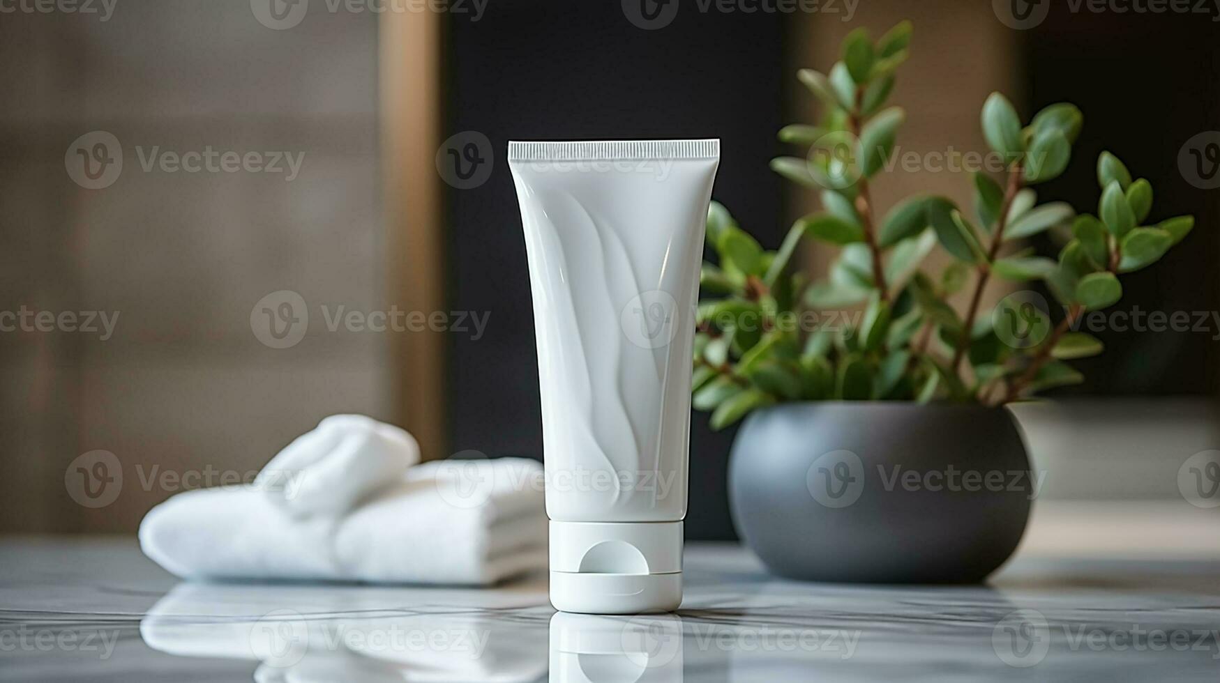 AI generated White facewash tube in bathroom room interior mock-up, beauty and care product packaging template photo