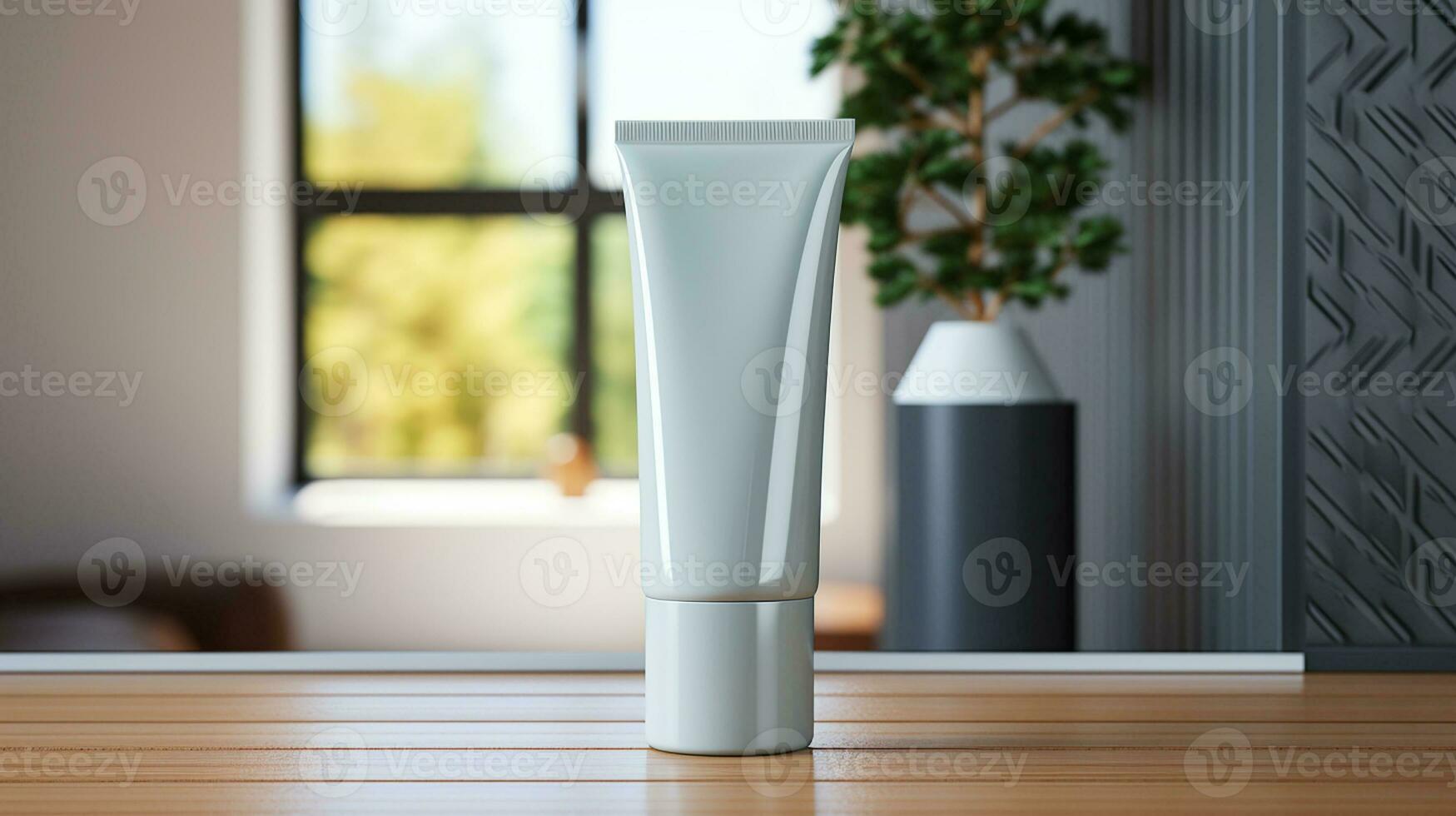 AI generated White facewash tube in bathroom room interior mock-up, beauty and care product packaging template photo