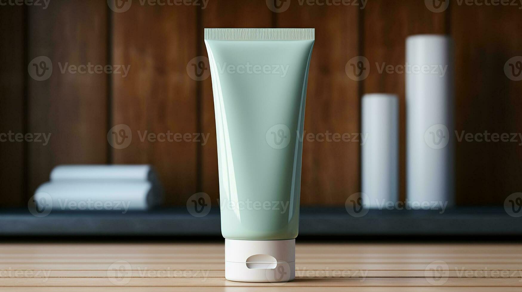 AI generated White facewash tube in bathroom room interior mock-up, beauty and care product packaging template photo