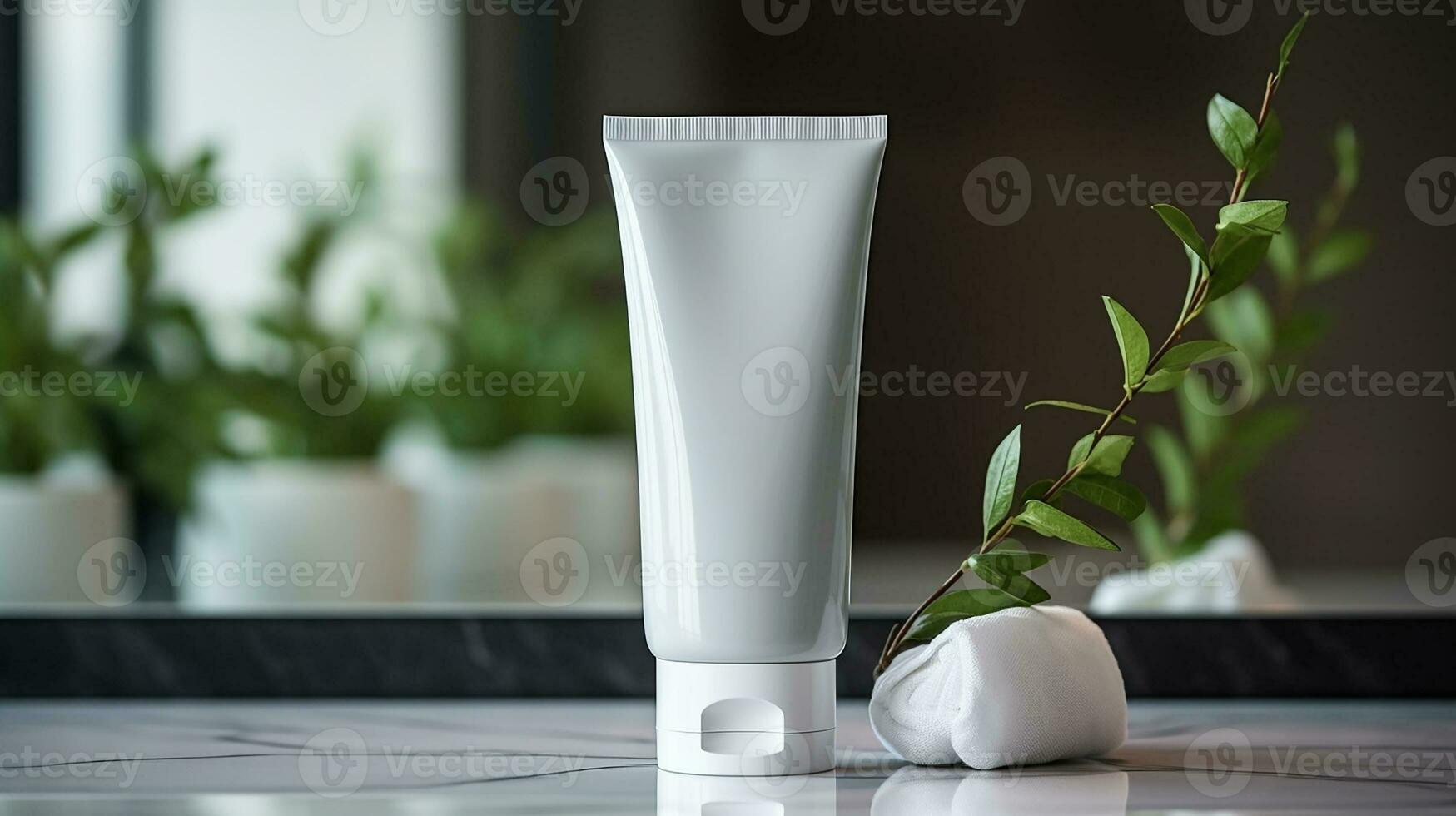 AI generated White facewash tube in bathroom room interior mock-up, beauty and care product packaging template photo