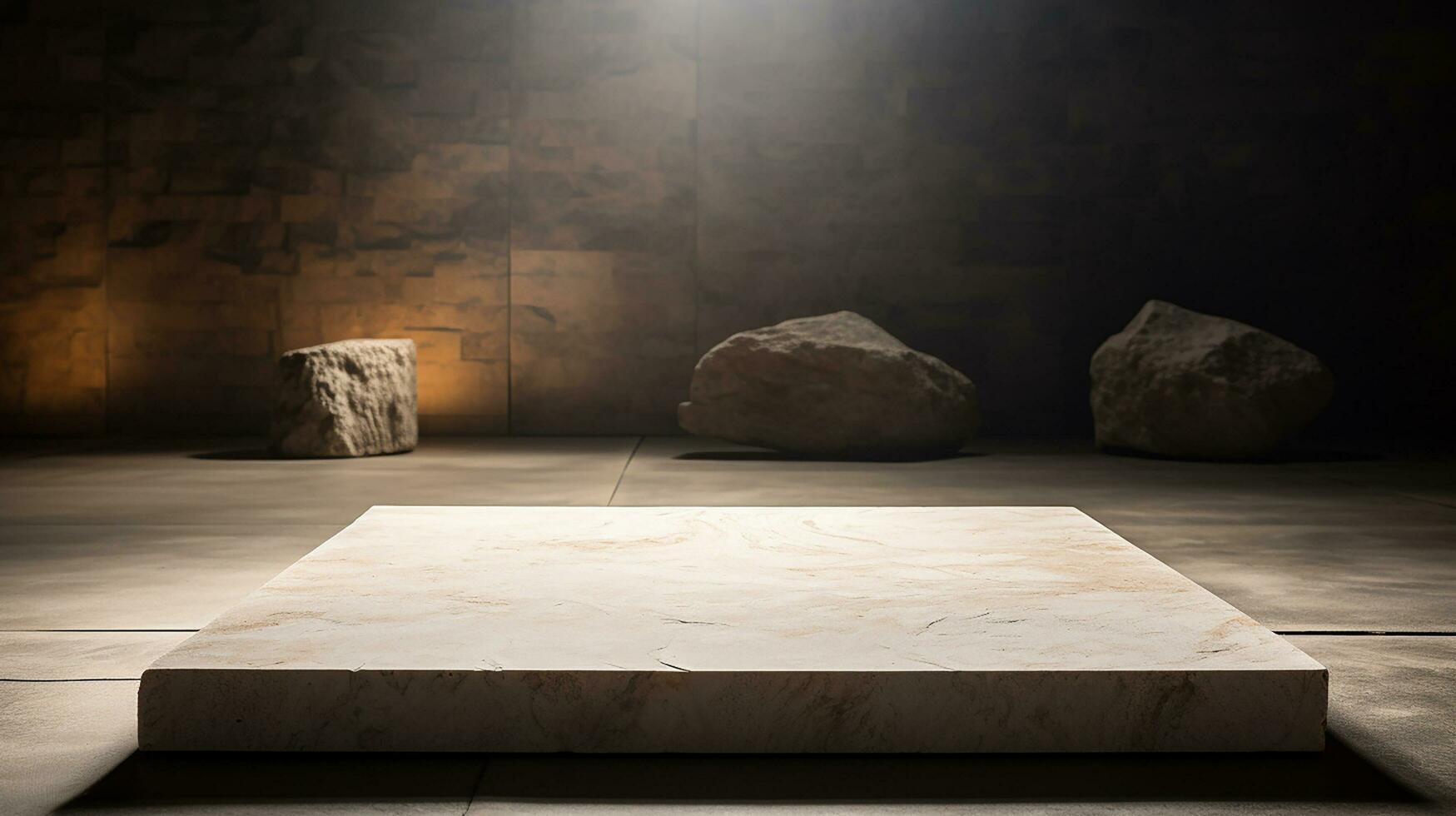 AI generated 3d rendered white empty Luxury natural stone podium with leaves for showing packaging and product on black background, copy space photo