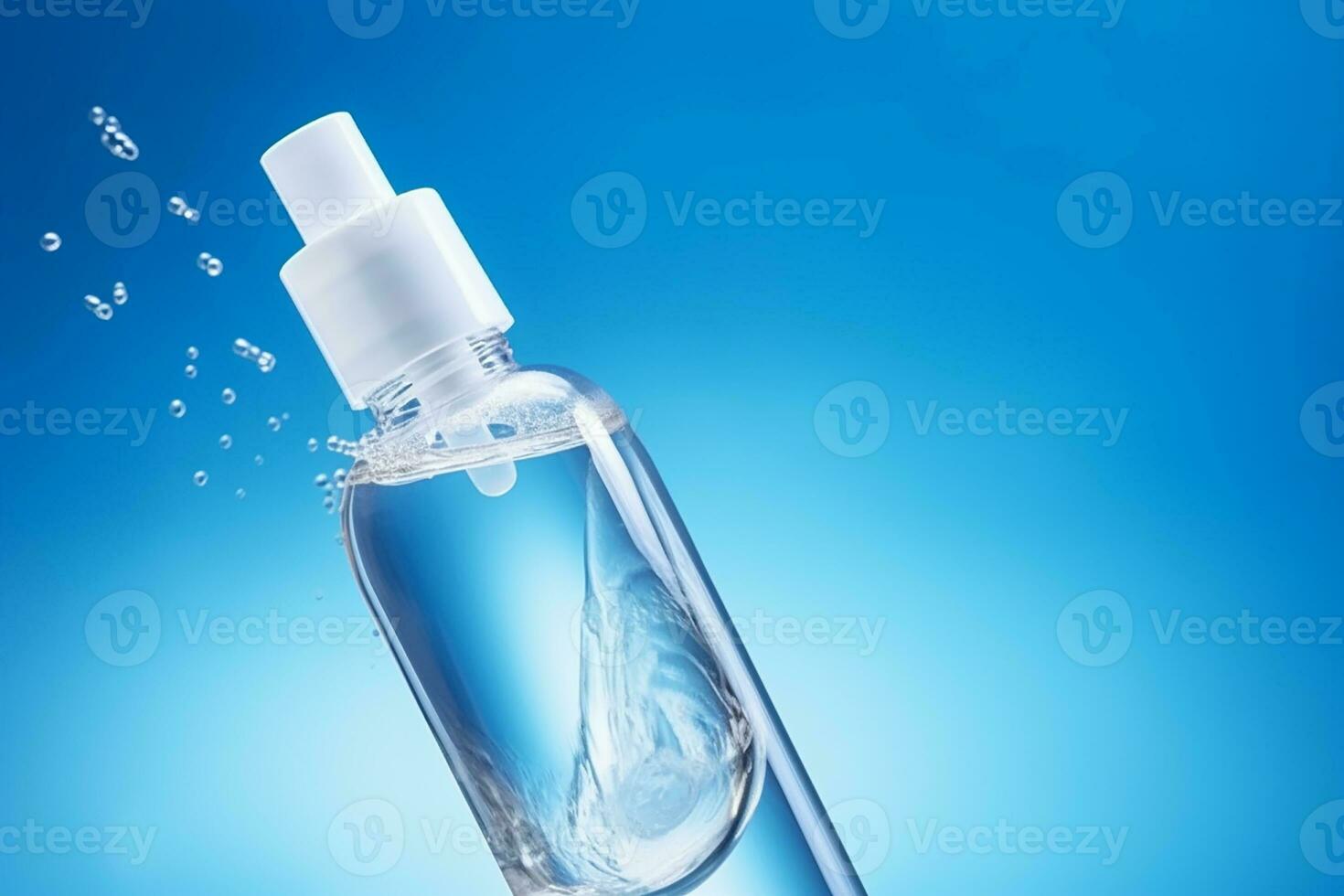 AI generated Cosmetic spa medical skincare, glass serum bottle with collagen on blue water background with waves. photo