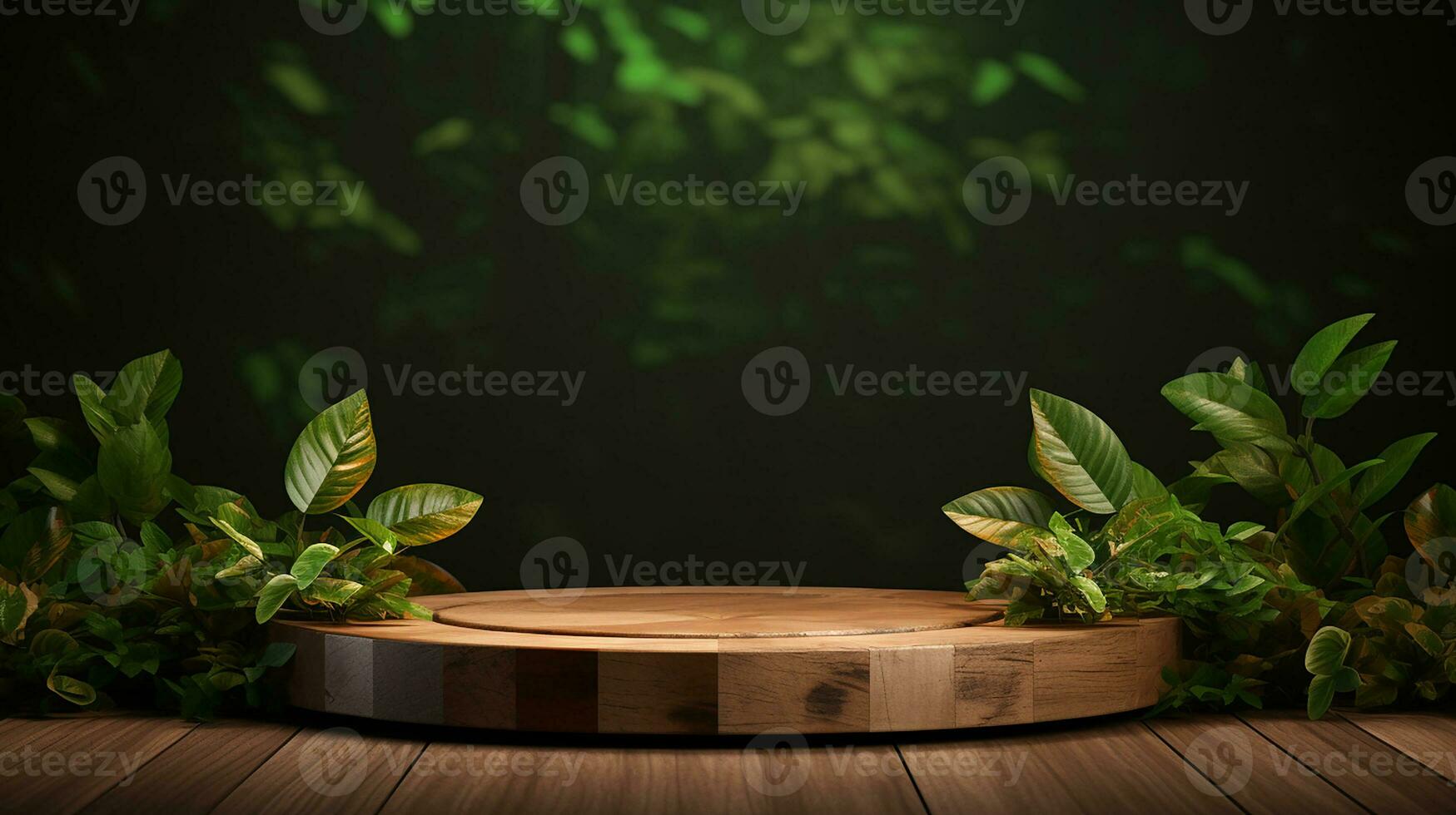 AI generated wooden podium product display in jungle or stage product showcase mock up Minimal scene for product display presentation photo