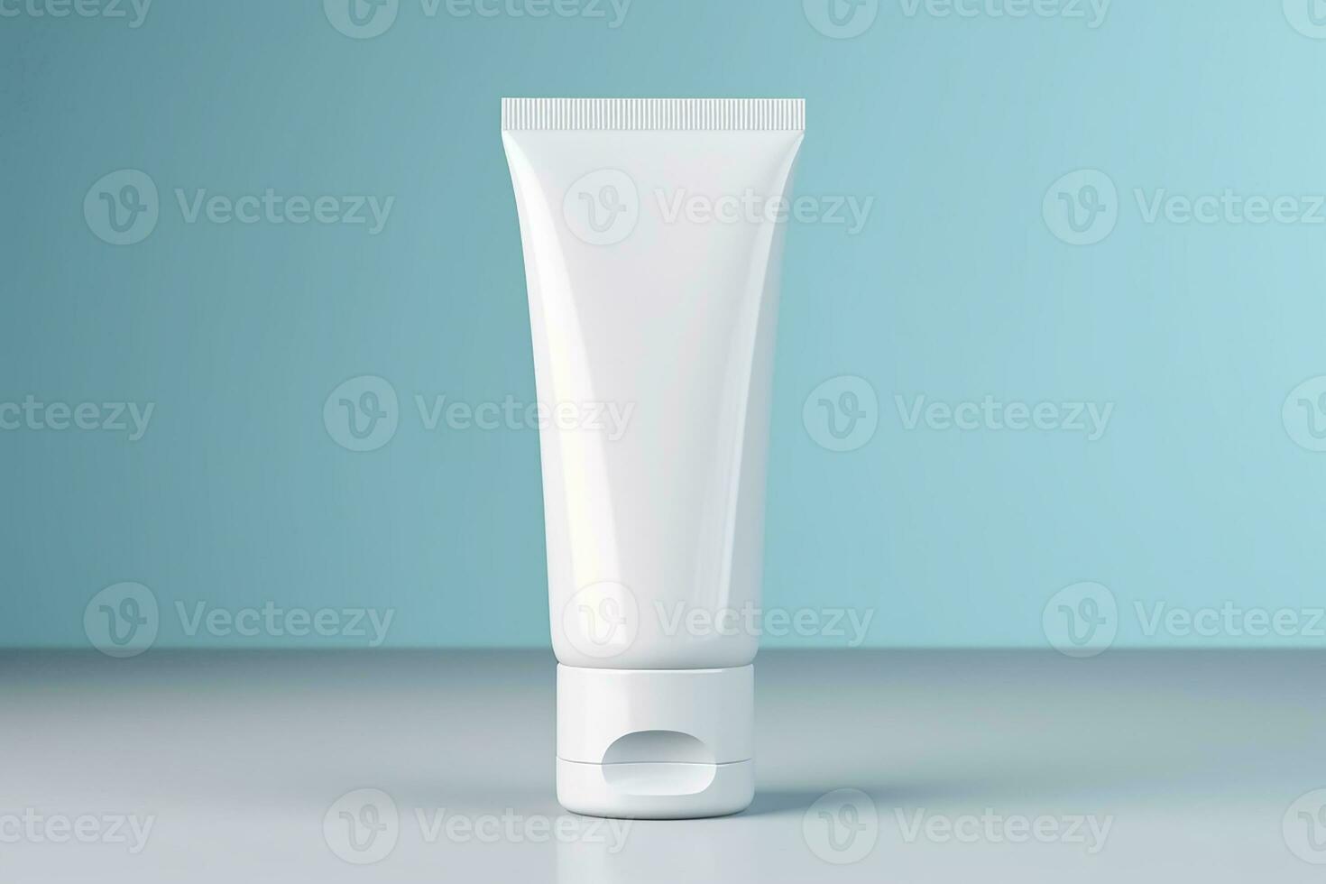 AI generated Beauty levitation concept with cream tube, jar and serum on blue background, top view, flat lay, vertical photo