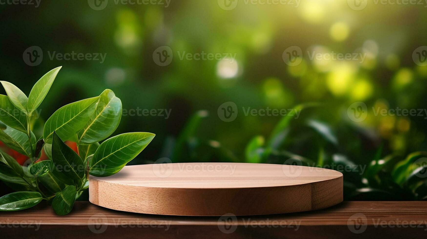 AI generated wooden podium product display in jungle or stage product showcase mock up Minimal scene for product display presentation photo