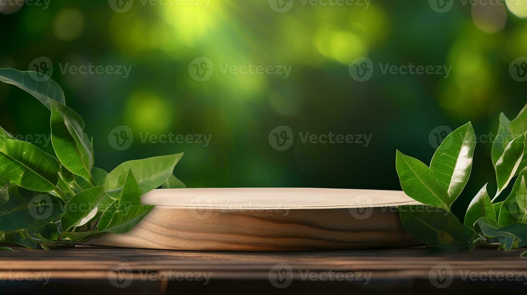 AI generated wooden podium product display in jungle or stage product showcase mock up Minimal scene for product display presentation photo