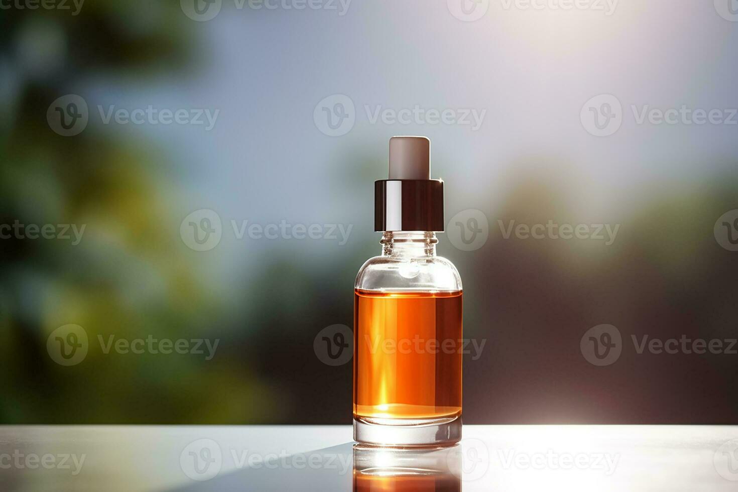 AI generated Amber glass cosmetic dropper bottle with black lid on a natural blurred background . Skincare products , natural cosmetic. Beauty wellbeing product for face and body care photo