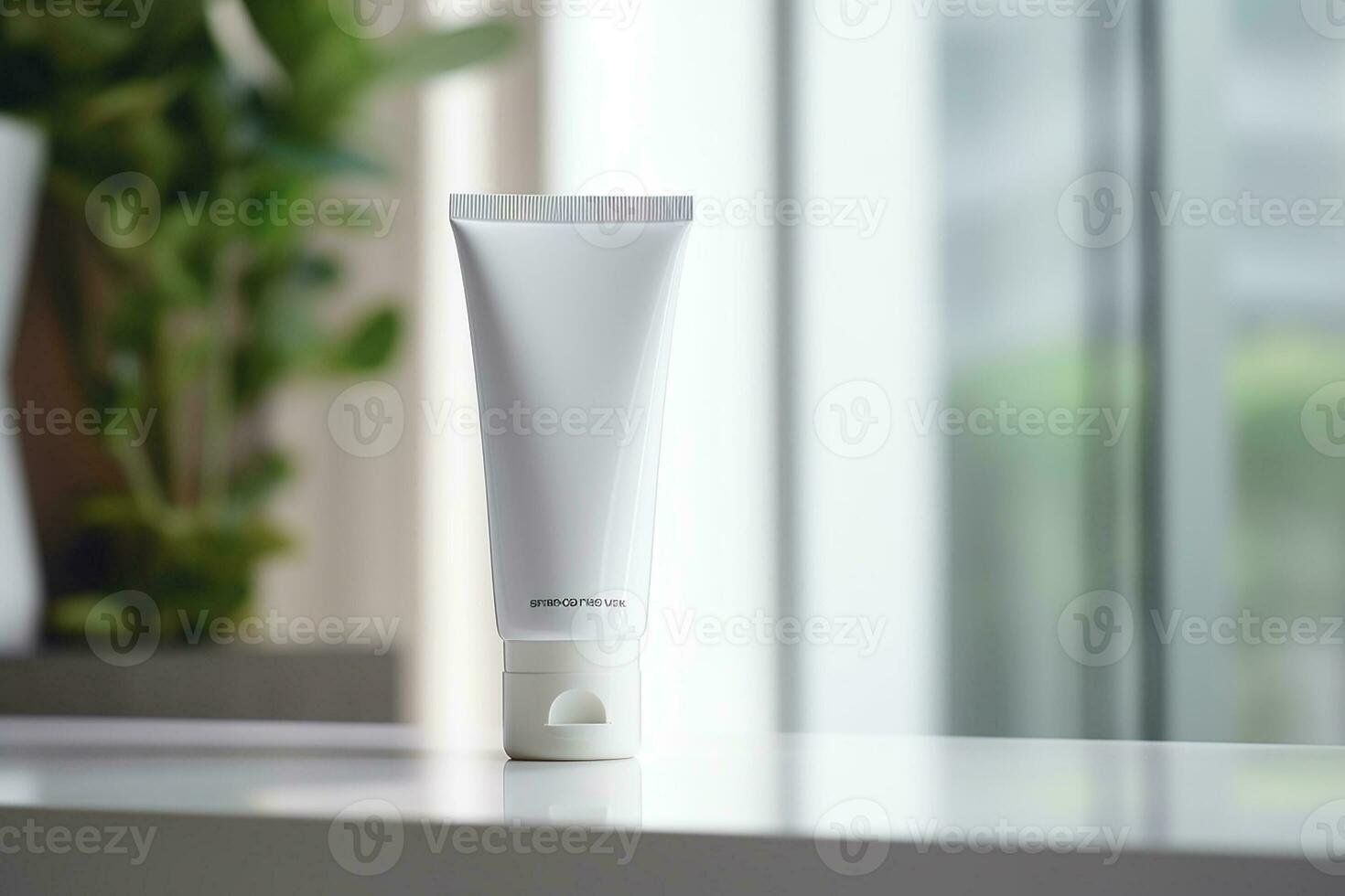 AI generated White facewash tube in bathroom room interior mock-up, beauty and care product packaging template photo