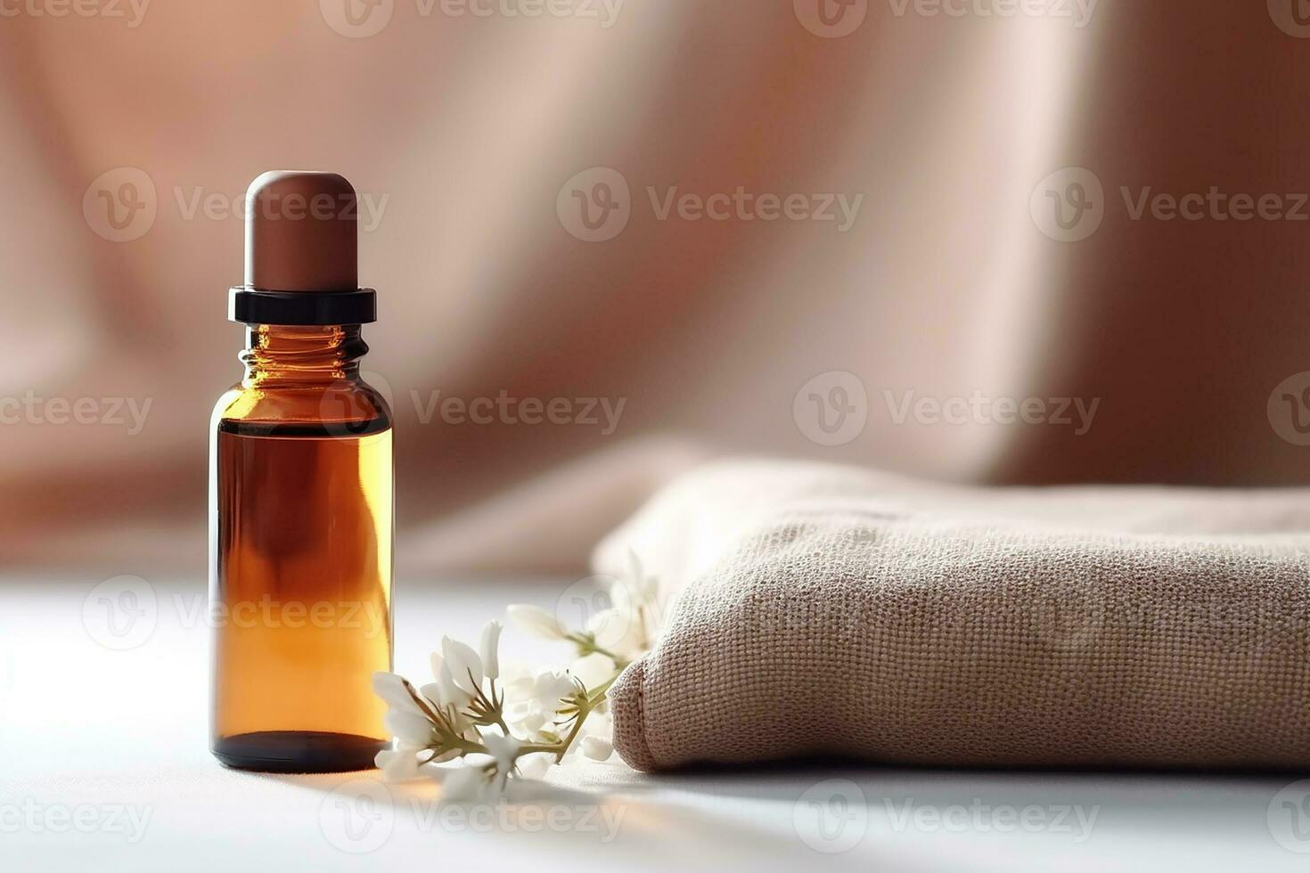 AI generated Amber glass cosmetic dropper bottle with black lid on a natural background with shadows and chamomile flowers. Skincare products photo