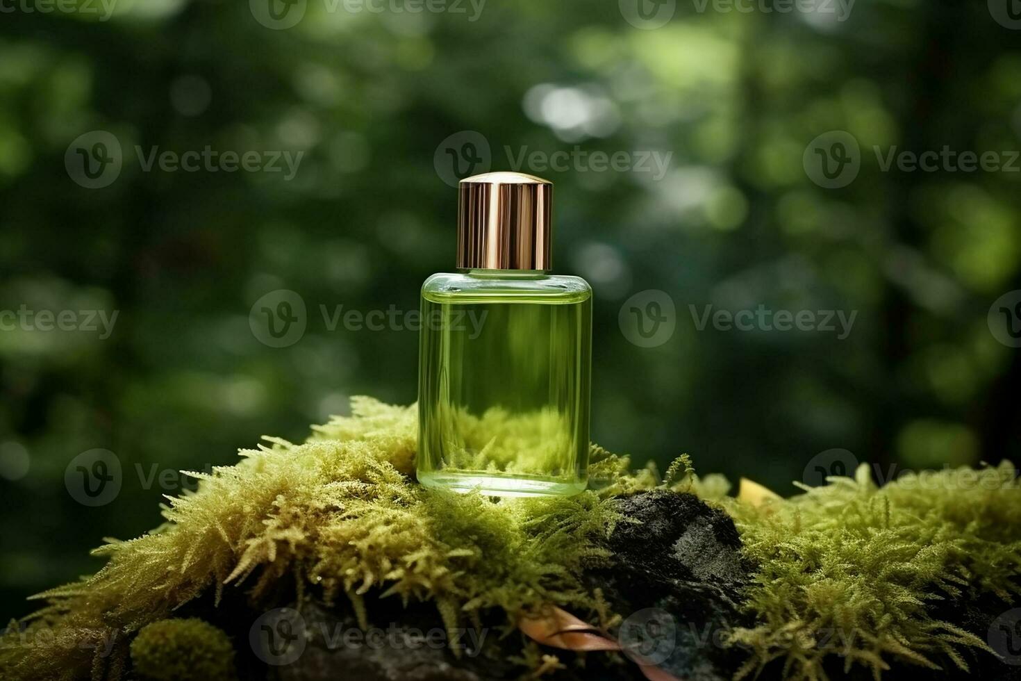 AI generated essential oil bottle mock up template, podium and celandine flowers backdrop for Natural cosmetic products presentation Beauty, wellness, body care spa concept. photo