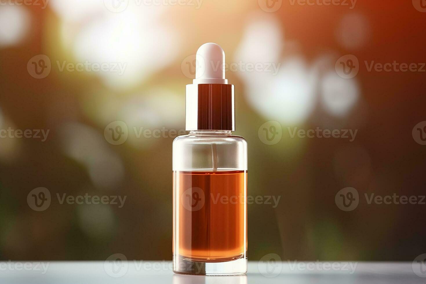AI generated Amber glass cosmetic dropper bottle with black lid on a natural blurred background . Skincare products , natural cosmetic. Beauty wellbeing product for face and body care photo