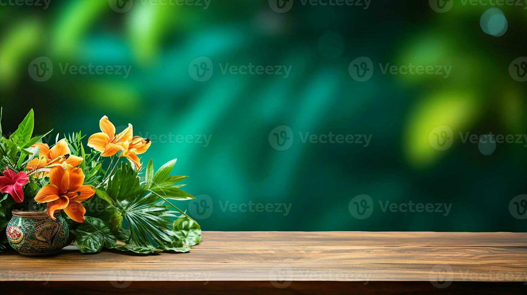 AI generated wooden podium product display in jungle or stage product showcase mock up Minimal scene for product display presentation photo