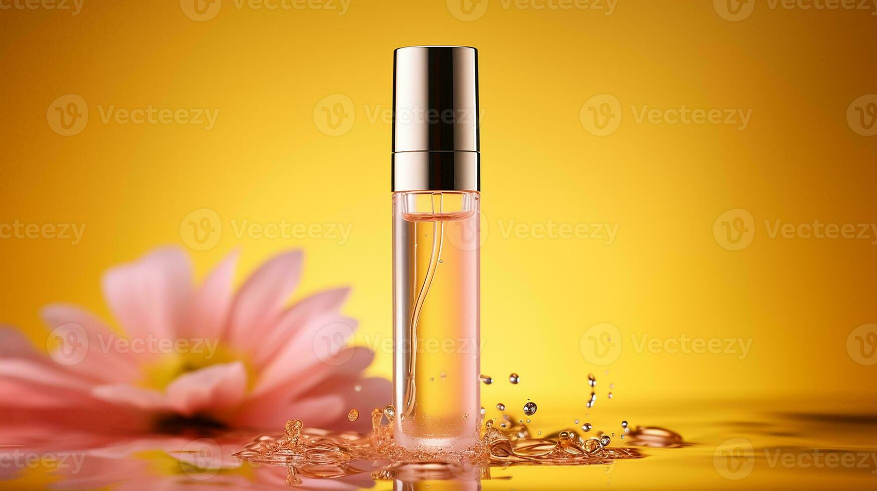 AI generated Cosmetic spa skincare, glass serum bottle with collagen splash on water background with waves. photo