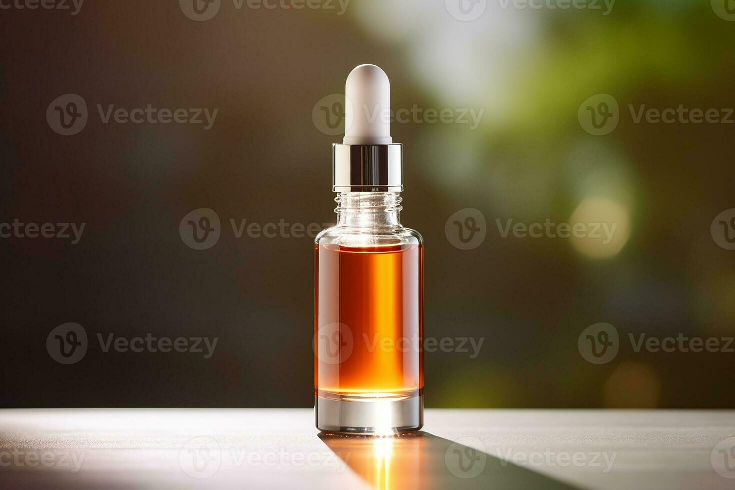 AI generated Amber glass cosmetic dropper bottle with black lid on a natural blurred background . Skincare products , natural cosmetic. Beauty wellbeing product for face and body care photo