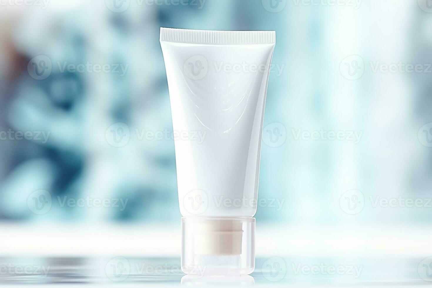 AI generated White facewash tube in bathroom room interior mock-up, beauty and care product packaging template photo