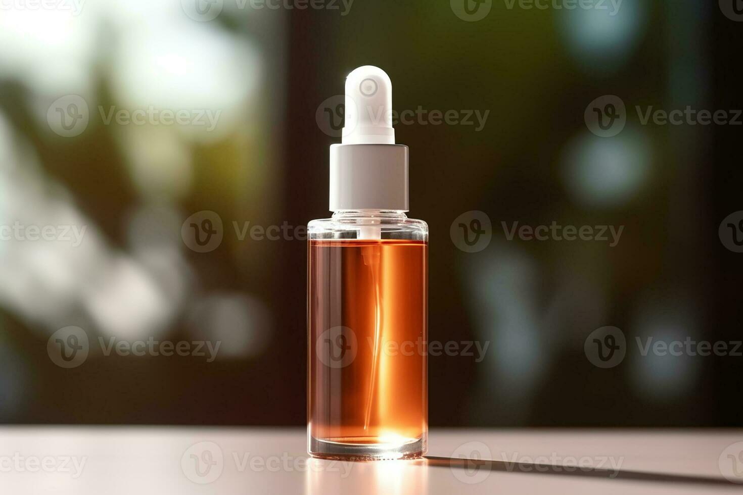 AI generated Amber glass cosmetic dropper bottle with black lid on a natural blurred background . Skincare products , natural cosmetic. Beauty wellbeing product for face and body care photo