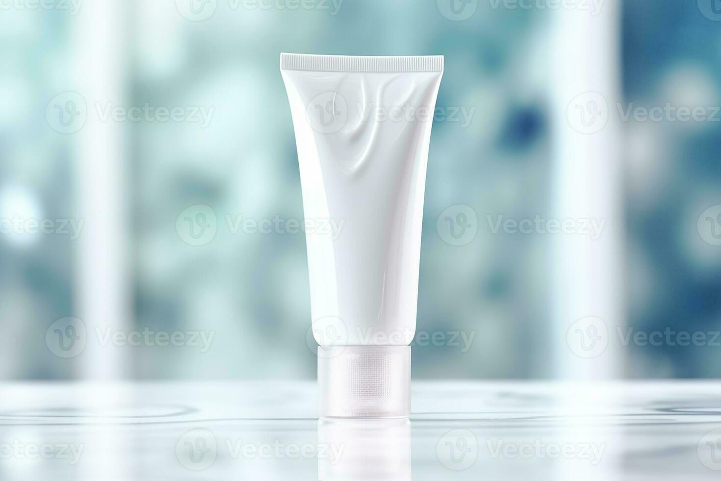 AI generated White facewash tube in bathroom room interior mock-up, beauty and care product packaging template photo