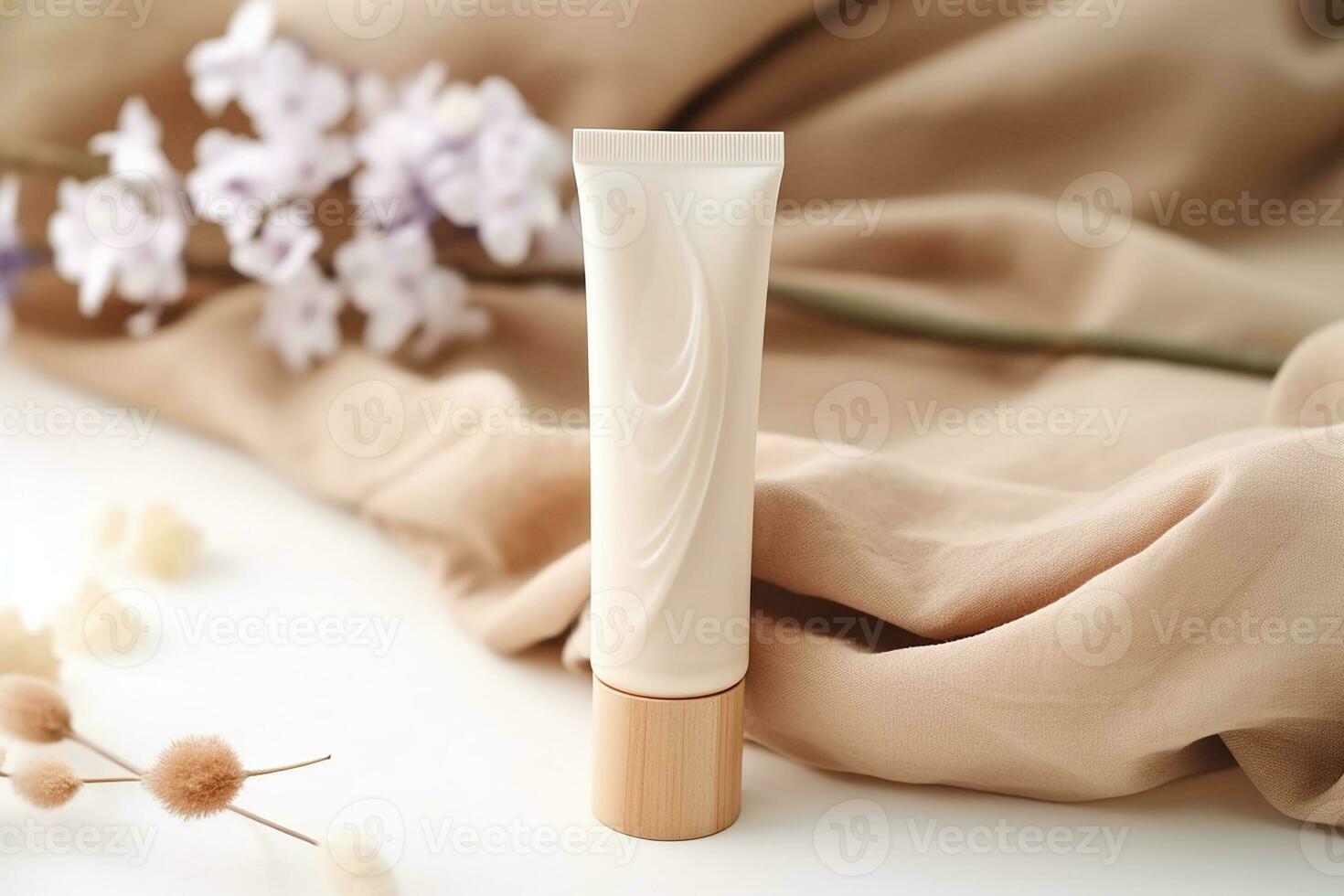 AI generated Beauty cosmetics products concept tube container cream tube, jar and serum on marble background, top view, flat lay, photo