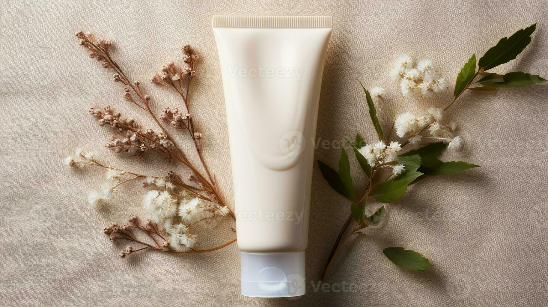 AI generated Beauty cosmetics products concept tube container cream tube, jar and serum on background, top view, flat lay, photo