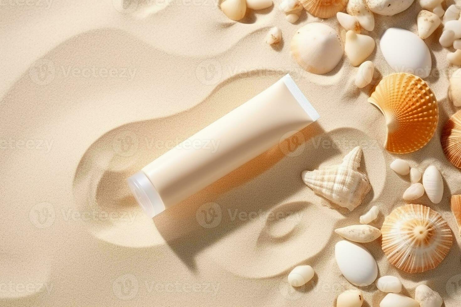 AI generated empty cosmetic skin care cream or sun block on sand beach with sea side background travel vacation accessory photo