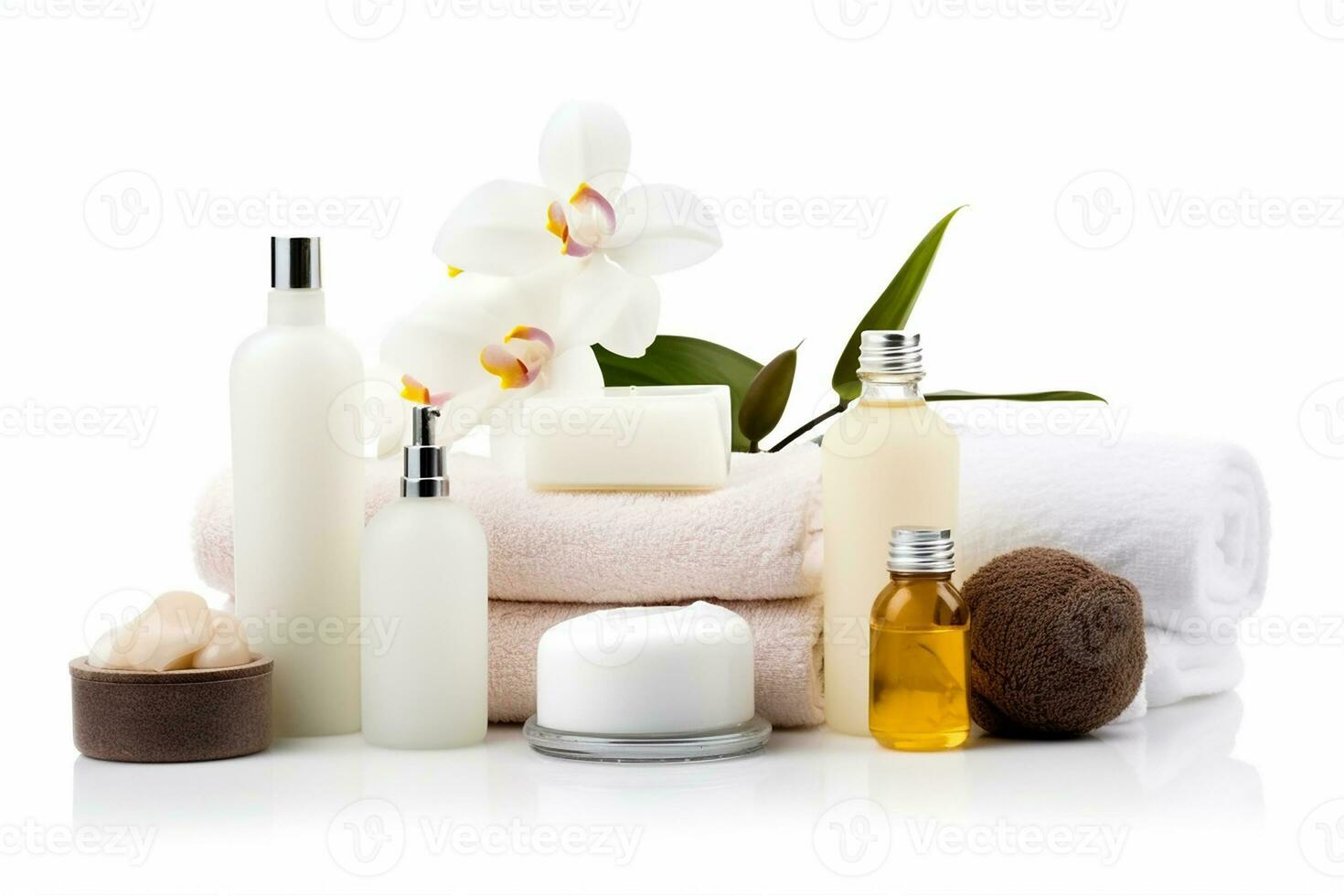 AI generated Composition with containers of body care and beauty products. Eco cosmetics. photo