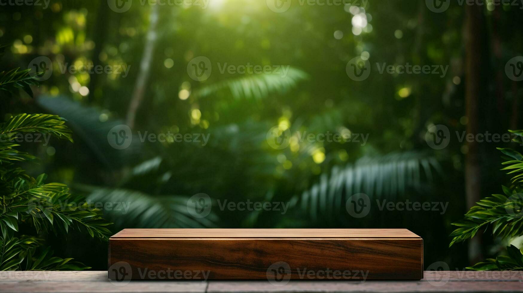 AI generated wooden podium product display in jungle or stage product showcase mock up Minimal scene for product display presentation photo