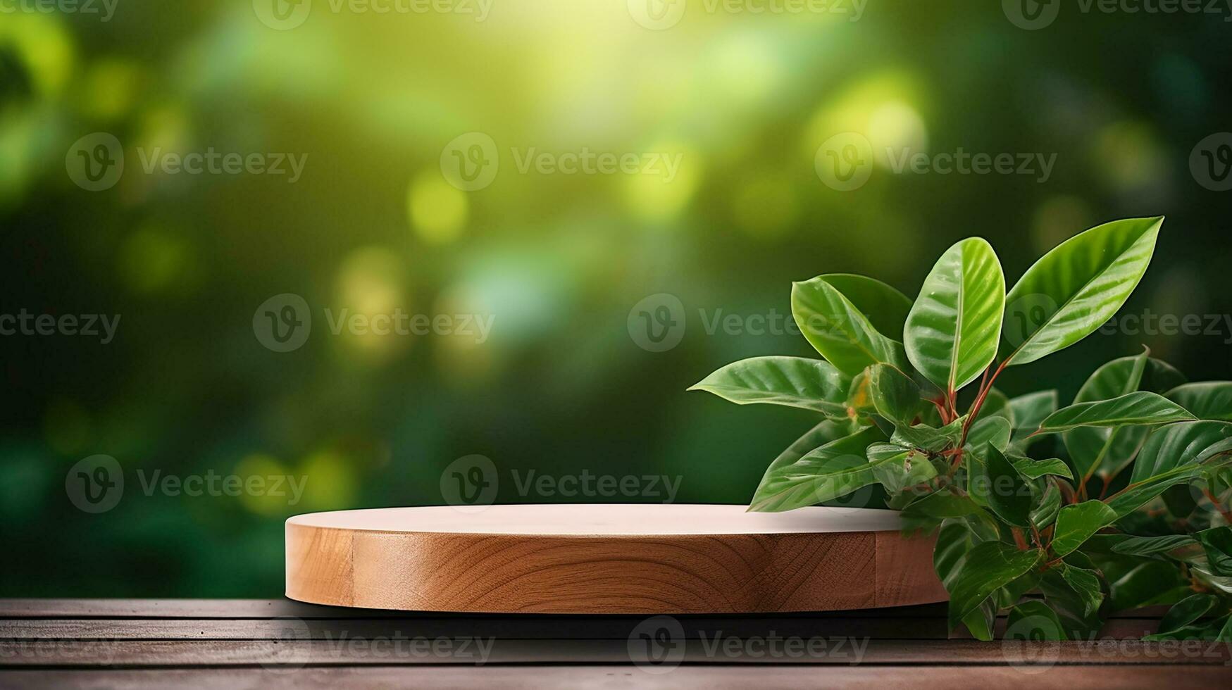 AI generated wooden podium product display in jungle or stage product showcase mock up Minimal scene for product display presentation photo