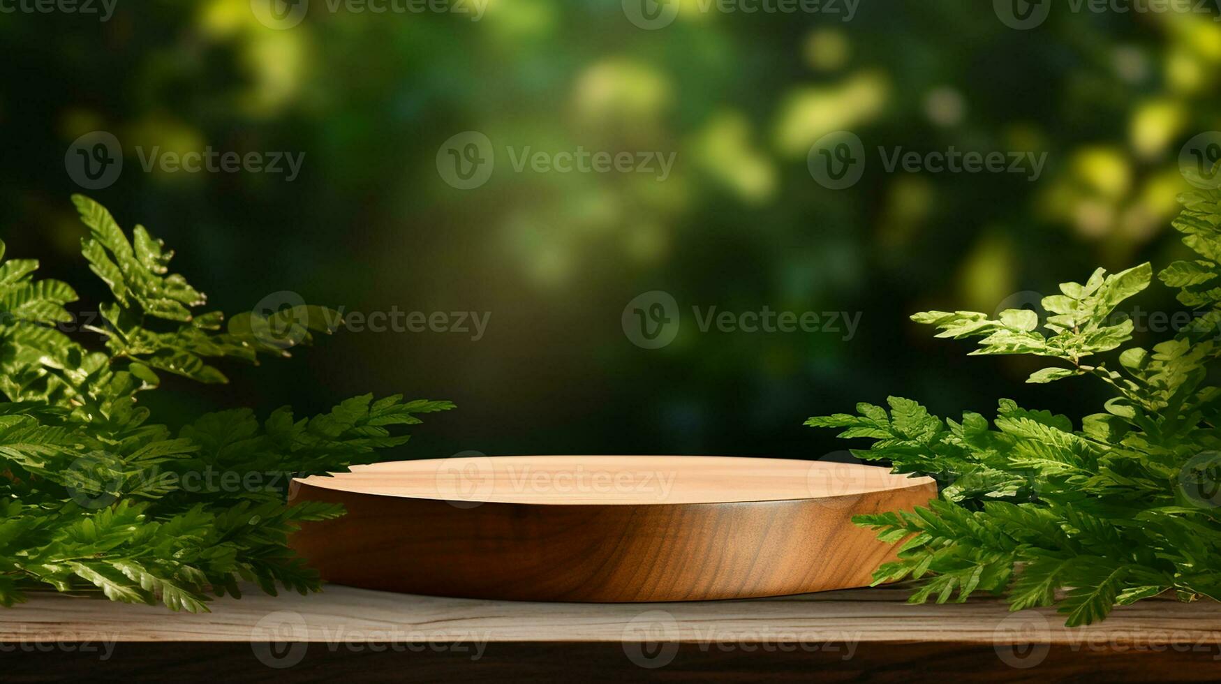 AI generated wooden podium product display in jungle or stage product showcase mock up Minimal scene for product display presentation photo