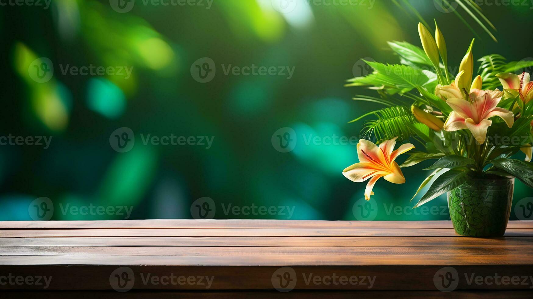 AI generated wooden podium product display in jungle or stage product showcase mock up Minimal scene for product display presentation photo